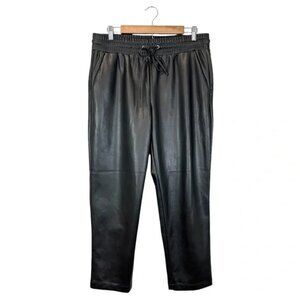 LOFT Black Faux Leather Pants Drawstring Waist Pull On Stretch w/ Pockets, L